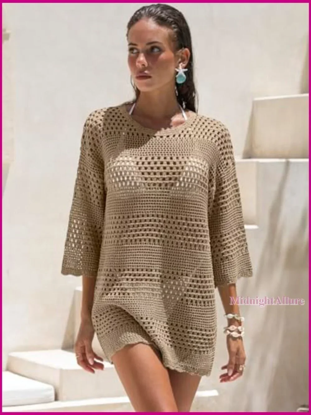 Loose Fit 3/4 Sleeve Crochet Cover Up Mini Dress Beach Vacation